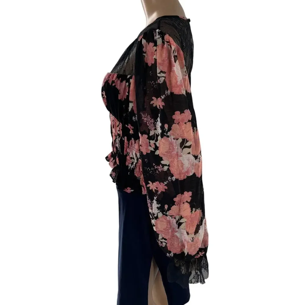 Free People Black Floral Midnight Combo Pink Daphne Blouse